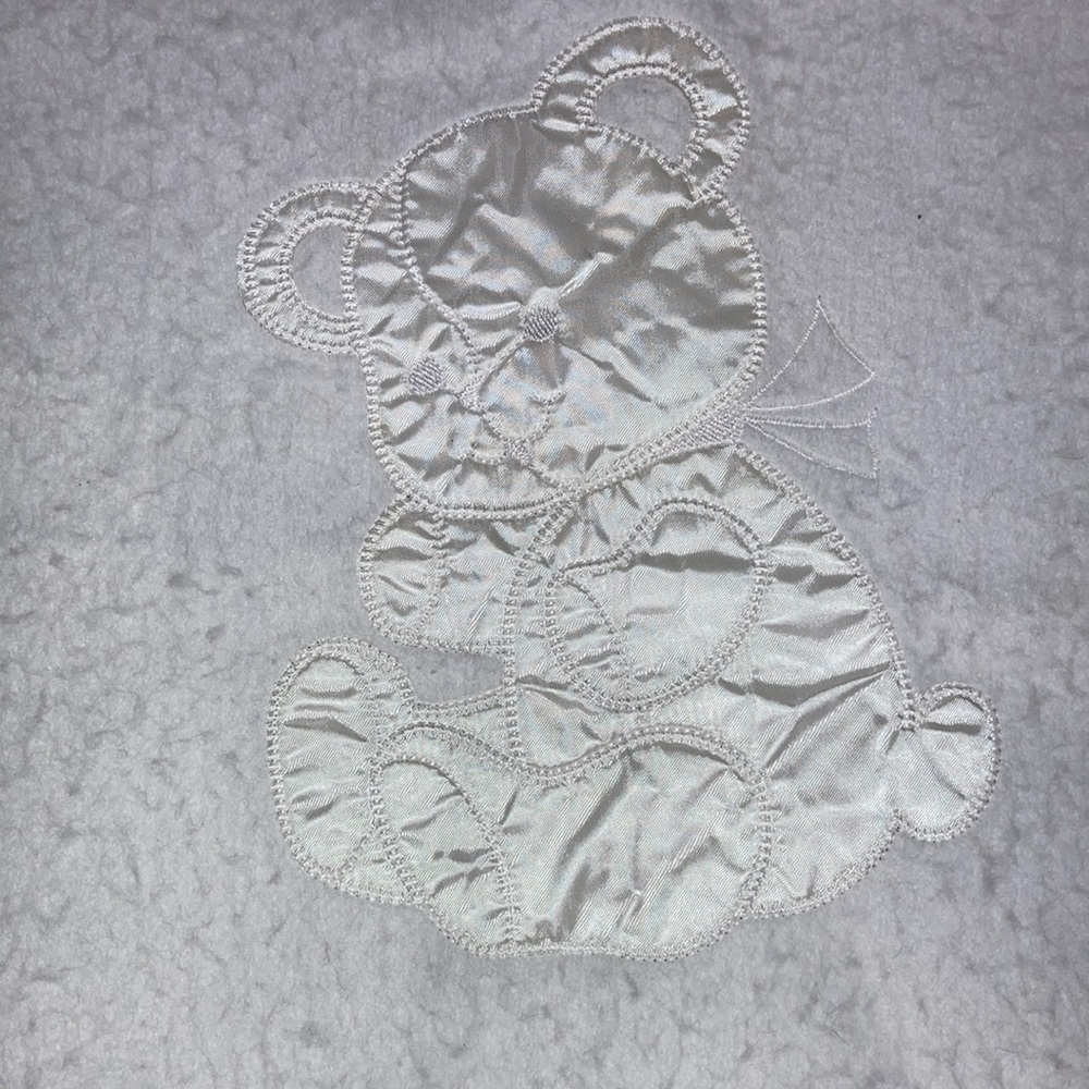 Vintage quiltex white satin edge teddy bear blanket made in USA